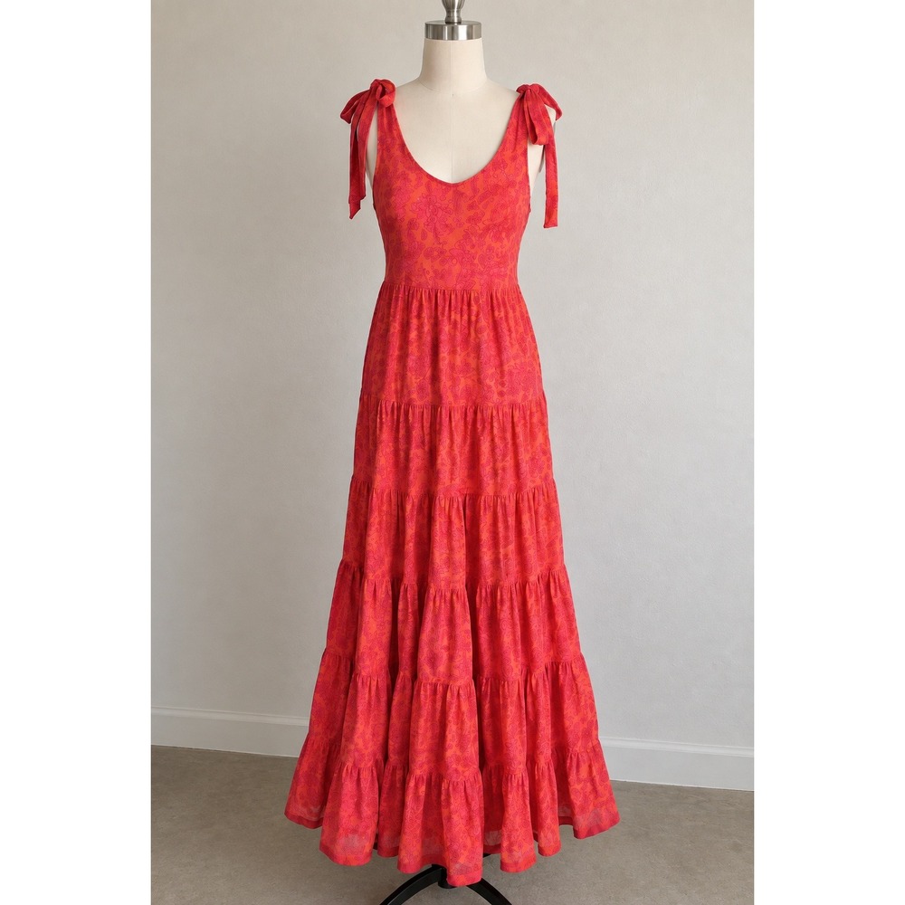 Free People Pink Orange Floral Tiered Maxi Dress Tie Shoulder Boho Small